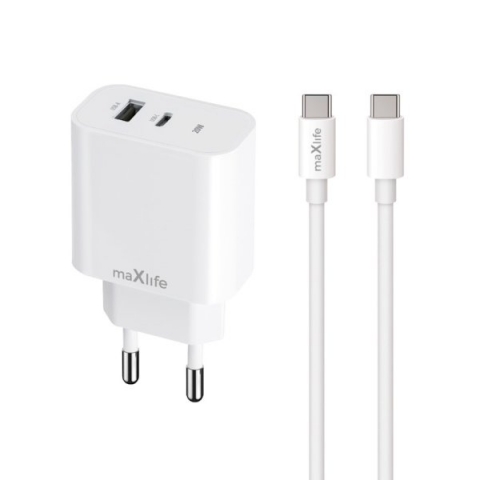 MAXLIFE TRAVEL CHARGER PD QC 20W + TYPE C DATA CABLE white